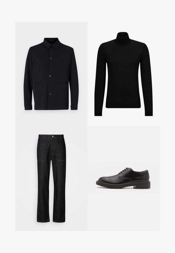 Juodas švarkas su apykakle, penkiomis sagomis ir dviem priekinėmis kišenėmis. Turintis lygią tekstūrą ir struktūrizuotą dizainą. Nėra matomų raštų.; Juodas aukšto kaklo megztinis, pagamintas iš minkštos medžiagos, su ilgomis rankovėmis ir prigludusia forma. Su raukiniais apačioje ir rankogaliuose. Paprastas dizainas.; Juodi džinsai tiesaus kirpimo, su matomu siuvimu ir priekinėmis mygtukų uždarymo detalėmis. Įtrauktos dvi šoninės kišenės ir dvi užpakalinės kišenės.; Juodas odinis batų modelis su raišteliais, apvaliu nosiu, lygiu paviršiumi, minimaliai siuvinėjimu ir žemu guminėmis pakulne. Ant pakulnės šalia logo.