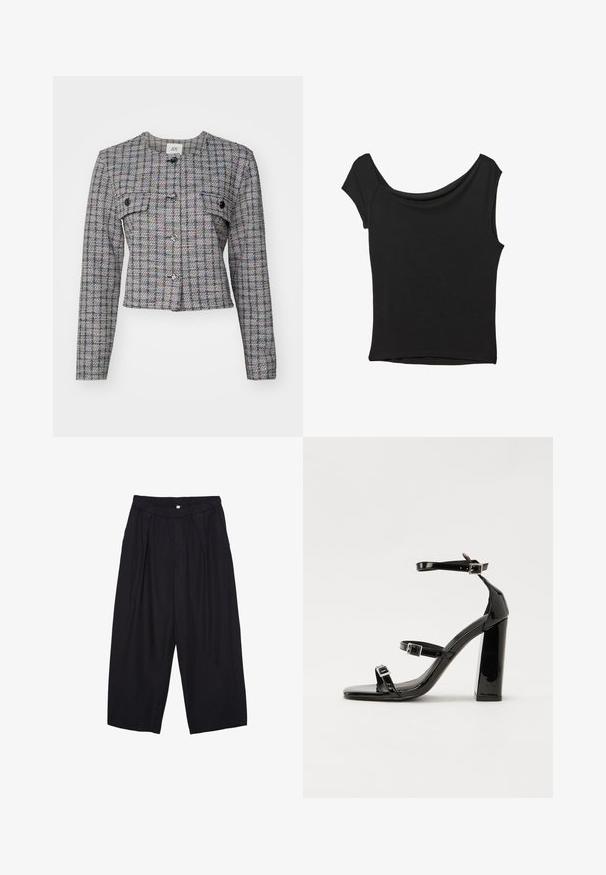 Grå vævet tweedjakke med et ternet mønster, rund hals, forlommer og sølvknapper. Struktureret pasform, lange ærmer og cropped nedenede.; Sort kortærmet top lavet af glat stof; har en draperet halsudskæring og en asymmetrisk kant, med en tætsiddende pasform.; Sorte polyester culotte bukser med elastisk talje, to forpiber og en løs silhuet. Ingen synlige mønstre eller hardware detaljer.; Sorte patenterede hælsandaler med firkantet tå, ankelremme og sølvspænder. Har en chunky blokHæl for stabilitet.