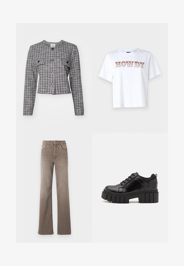 Šedá tkaná tweedová bunda s kostkovaným vzorom, okrúhlym výstrihom, prednými vreckami a striebornými gombíkmi. Štruktúrovaný strih, dlhé rukávy a skrátený lem.; Biela bavlnená tričko s krátkymi rukávmi a okrúhlym výstrihom, s nápisom "HOWDY" v štýlovom hnedom písmene cez prednú stranu.; Hnedé high-waist rovné džínsy so zapínaním na prednej strane, pútkami na opasok a klasickým dizajnom s piatimi vreckami na bielom pozadí.; Čierne kožené platformy s masívnym blokovým podpätkom, okrúhlou špičkou a tradičným šnurovaním. Má hladký povrch a minimálne detaily.