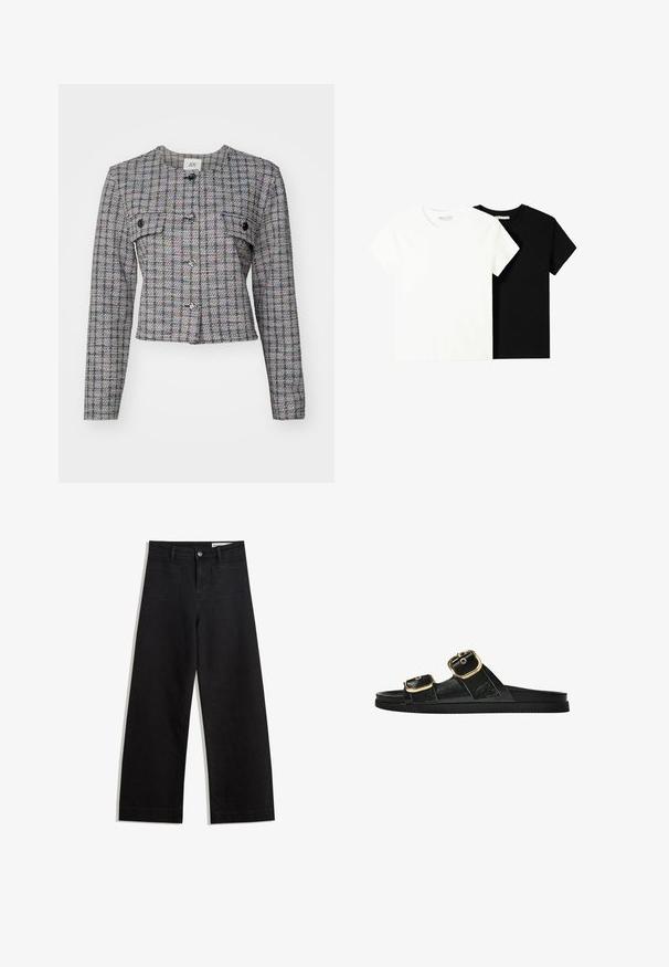 Szürke szőtt gyapjú zakó, kockás mintával, kerek nyakkal, elülső zsebekkel és ezüst gombokkal. Strukturált fazon, hosszú ujjak és rövidített alja.; Két rövid ujjú póló, az egyik fehér, a másik fekete, pamutból készült. Mindkettő kerek nyakkivágással és egyszerű, klasszikus dizájnnal rendelkezik.; Fekete, bő szabású farmernadrág magas derékkal, elülső és hátsó zsebekkel, varrott felületekkel és gombos záródással. Sima textúra.; Fekete csúszó szandál, két arany csattal, sima textúrájú anyagból, lapos talppal és minimalista dizájnnal.