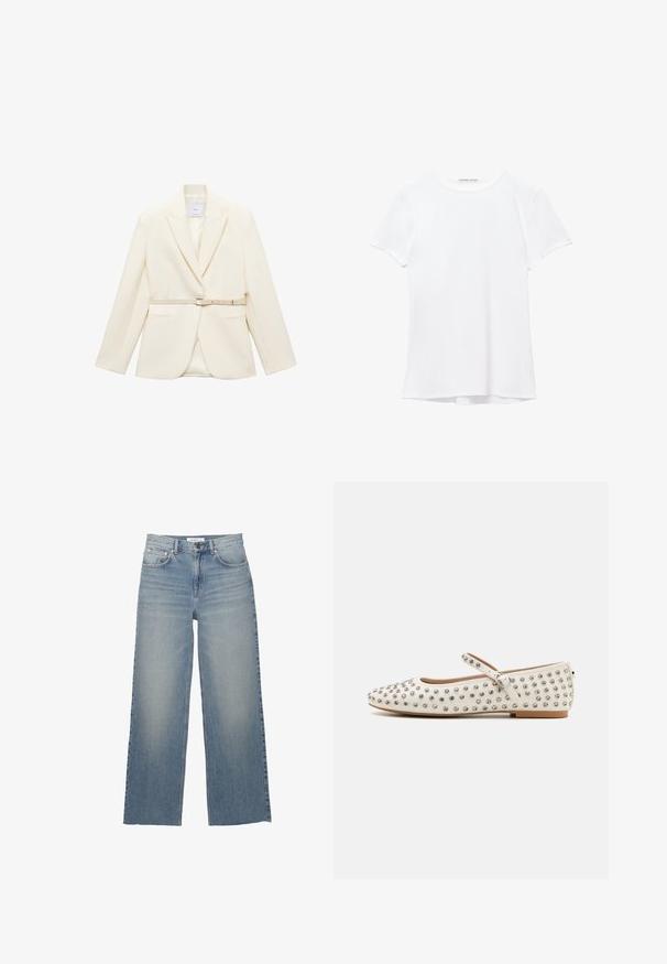 White tailored blazer with a belt at the waist, featuring notched lapels and two front pockets. Smooth texture, structured design.; White short-sleeve t-shirt made from smooth fabric, featuring a round neckline and subtle stitching details at the hem.; Light blue wide-leg jeans made of denim, featuring a high waist, front pockets, and a button closure. Smooth texture with faded areas.; White flat shoes with a rounded toe, adorned with silver studs, featuring a decorative strap across the instep and a low heel.