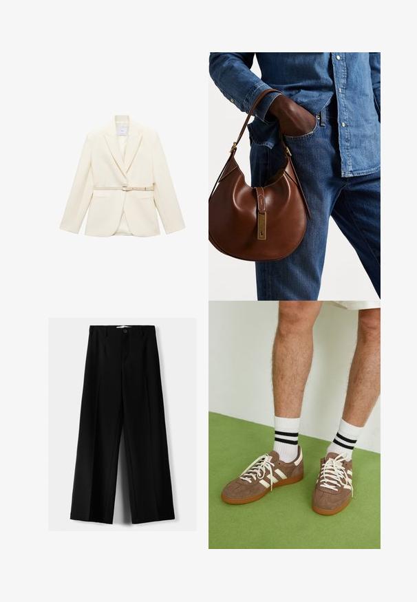 Witte op maat gemaakte blazer met een riem in de taille, voorzien van notch-revers en twee zakken aan de voorkant. Glad materiaal, gestructureerd ontwerp.; Donkerblauwe katoenen t-shirt met korte mouwen en een ronde hals. Bevat een klein rood geborduurd logo op de linkerborst.; Zwarte wijde broek van lichtgewicht stof, met een knoopsluiting aan de voorkant en een vlakke achterkant, afgewerkt met keurig gestikte zoom.; Bruine suède sneakers met witte accenten en veters. Rubberen gumzool. Draag met witte sokken met zwarte strepen. Groene gestructureerde vloer.; Bruine leren hobo tas met een rondvorm, voorzien van een gouden hardwareaccent en contrasterende stiksels. Gecombineerd met een denim shirt en jeans.