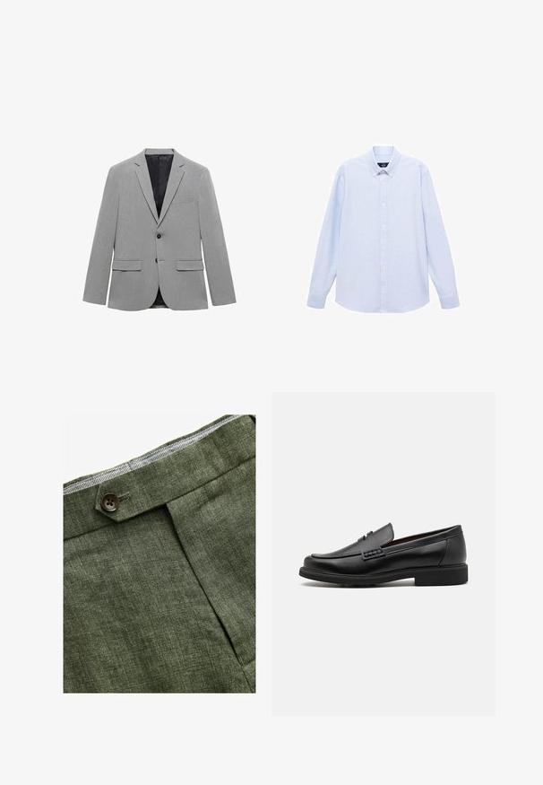 Lys grå blazer lavet af tekstureret stof, med en enkelt knaplukning, to frontlommer og en glat sort inderside.; Lyseblå langærmet skjorte med knapper og klassisk krave, lige bund og subtil tekstur. Har en central knaplukning.; Olivenfarvede linnedbukser med en frontfold, prydet med en knaplukning og et kontrastfarvet ternet for i taljebåndet.; Sorte syntetiske loafers med en fremtrædende syet front, polstret indersål og flad gummiydersål; slankt design med minimal detaljer.