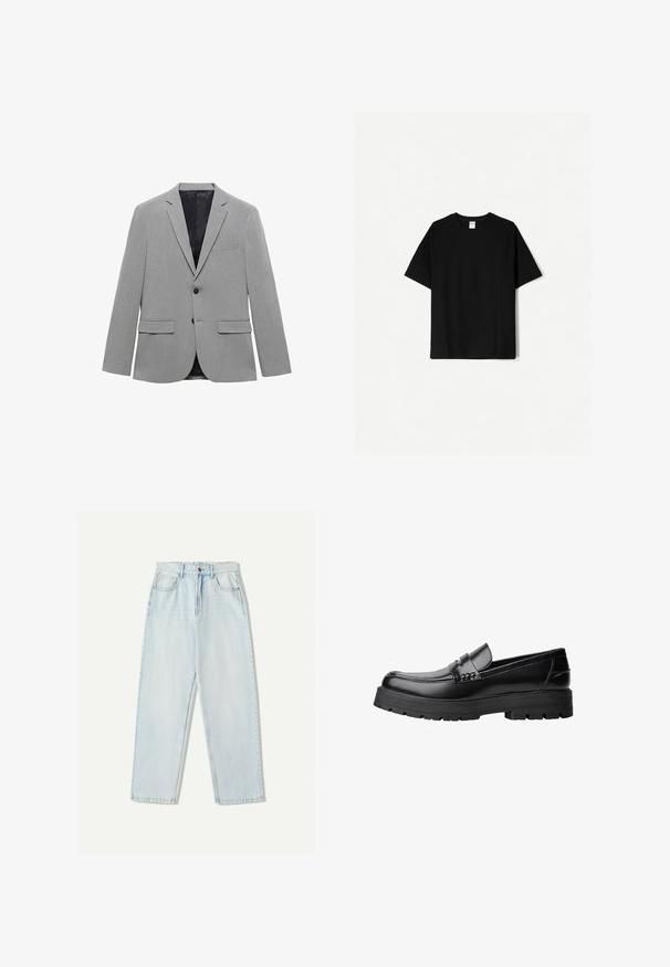 Svijetlosivi sako izrađen od teksturirane tkanine, s jednim dugmetom, dva prednja džepa i glatkim crnim unutrašnjim oblogom.; Crni pamukasti majica s kratkim rukavima, okruglim izrezom i opuštenim krojem. Ima jednostavan dizajn bez uzoraka ili akcenta.; Svijetloplave traperice s opuštenim krojem, ravnim nogavicama, pet džepova i suptilnim izbljeđivanjem na tkanini.; Crna kožna mokasina s debelim potplatima i dekorativnom trakom preko gornjeg dijela, prikazana u lijevom bočnom profilu na bijeloj pozadini.