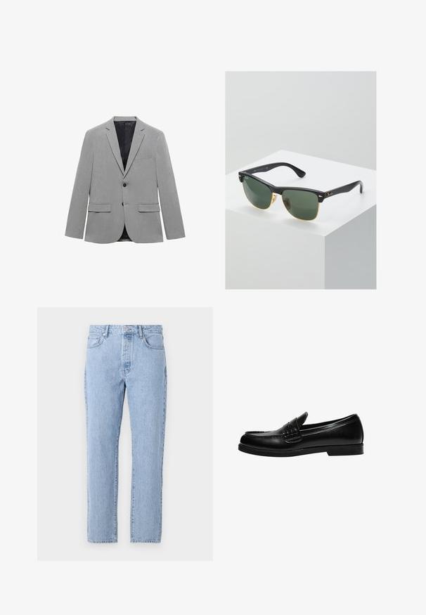 Světle šedý blazer vyrobený z texturované látky, s jednořadovým zapínáním na knoflík, dvěma předními kapsami a hladkým černým vnitřním podšívkou.; Bílý bavlněný top na ramínka s kulatým výstřihem, širokými ramínky a rovním lemem, s hladkou texturou a bez viditelných vzorů.; Světle modré džínové kalhoty se rovnými nohavicemi, pěti kapsami a zapínáním na knoflíky. Měkká textura s klasickým vybledlým vzhledem.; Černé kožené mokasíny s hladkým povrchem, které mají prošívání na nártu a nízkou, jednolitou černou gumovou podrážku.; Sluneční brýle Ray-Ban se zelenými skly, černými plastovými rámy a zlatými akcenty na okrajích. Čtvercový tvar s matným povrchem.