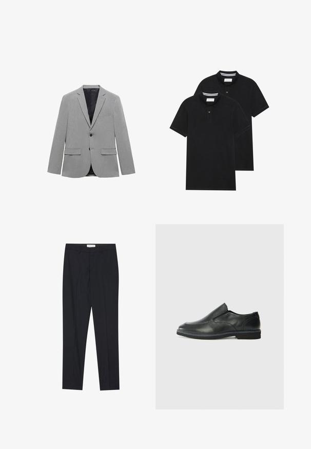 Sacou gri deschis realizat dintr-un material texturat, având un închidere cu un singur nasture, două buzunare frontale și o căptușeală interioară neagră netedă.; Două tricouri polo negre, cu mânecă scurtă, din material de bumbac, având un guler clasic, deschidere cu două butoane și accente albe cu dungi în interiorul gulerului.; Pantaloni negri, croiți pe măsură, cu față plată, cu o tăietură obișnuită, dintr-un material neted, având plii presate și buzunare laterale.; Pantof de piele neagră, tip slip-on, cu un superior neted, accente cusute, vârf rotunjit și un toc jos din cauciuc. Talpa are un profil minim de aderență.