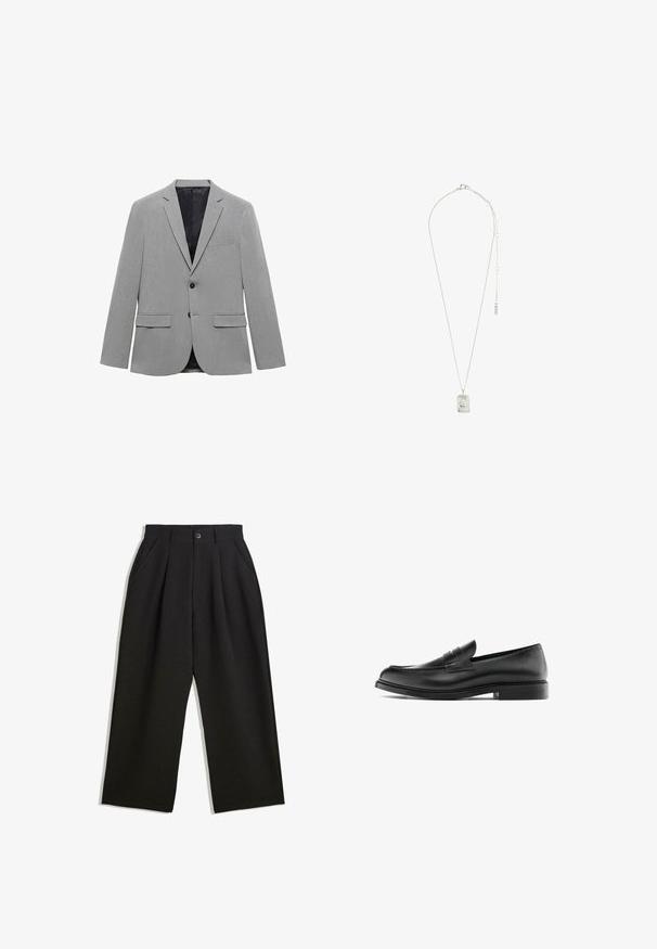 Lys grå blazer lavet af tekstureret stof, med en enkelt knaplukning, to frontlommer og en glat sort inderside.; Sort langærmet henley skjorte lavet af blødt stof, med en knaplukning, rund halsudskæring og tætsiddende ærmer.; Sorte bukser med en afslappet pasform, der har plisseringer foran, sidelommer og knaplukning. Fremstillet af tekstureret stof.; Sorte læder penny loafers med lav hæl, afrundet tå og syninger langs overdelen, vist i sideprofil på en hvid baggrund.; Sølvsmykke med en rektangulær vedhæng med indviklet design, en fin kæde og en justerbar lås til længdejustering.