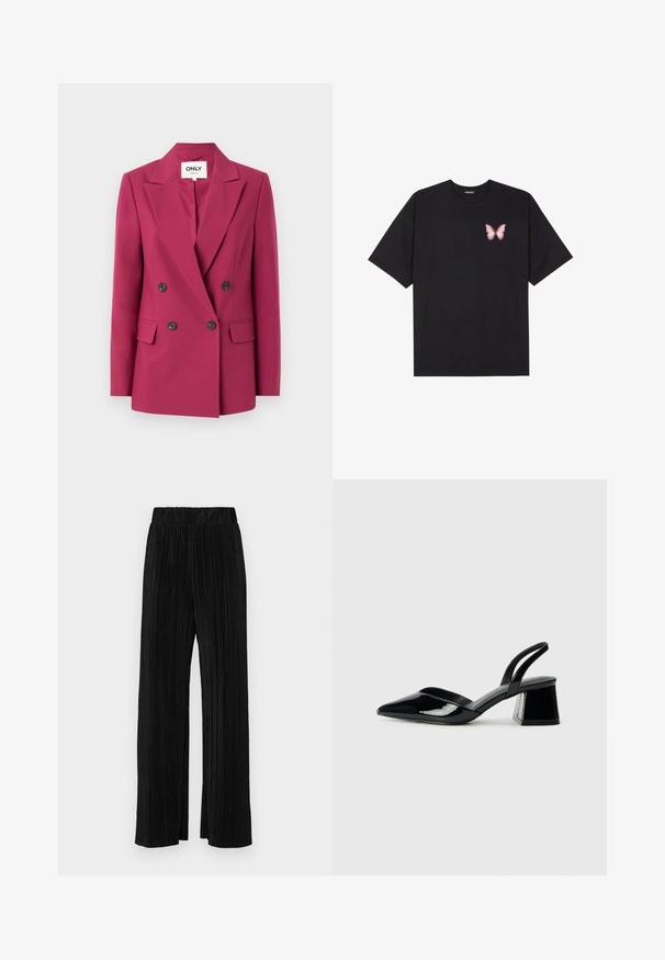 Fuksijos dvigubo užsegimo švarkas su įpjovomis, juodais mygtukais ir šoniniais kišeniais. Pagamintas iš lygios medžiagos, turi pritaikytą kirpimą.; Juodas medvilnės marškinėliai trumpomis rankovėmis, su maža rožine drugelio grafika kairėje krūtinės pusėje. Apvalus kaklo iškirpimas, laisvas kirpimas.; Juodi plisuoti kelnės su elastine juosta. Turėkite plačias kojas ir glotnų, tekstūrinį audinį su vertikaliais dryžiais.; Juodos lakuotos odinės šlepetės su smailiu pirštu ir geometriniu bloko kulnu. Turi elegantišką, minimalistinį dizainą ir lygų paviršių.