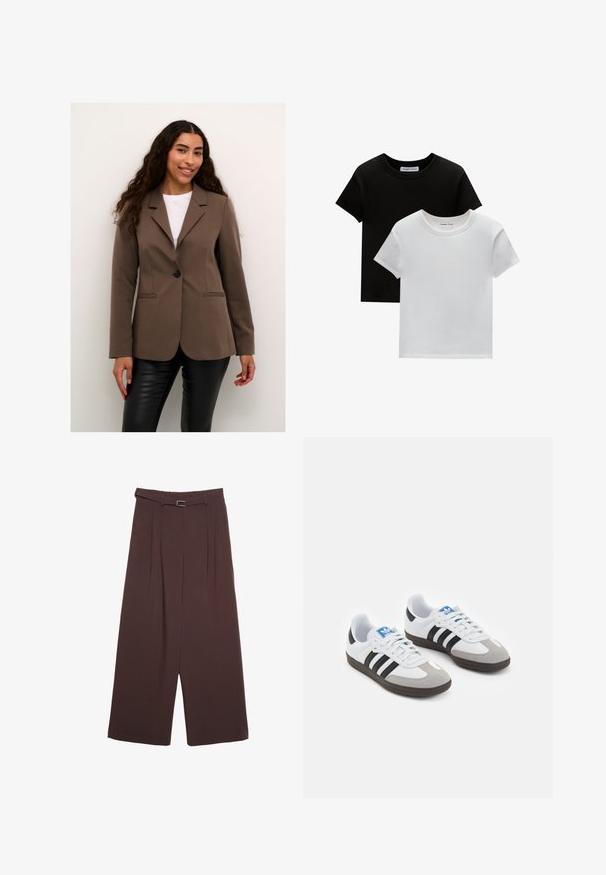 Rjav krojen blazer z enim črnim gumbom, zareznimi kragami in dvema sprednjima žepoma, v kombinaciji z črnimi usnjenimi hlačami.; Dve majice s okruglim izrezom, crne in bele barve, narejene iz bombaža. Imajo kratke rokave in enobarven dizajn brez vzorcev ali dodatkov.; Stradivarius WIDE-LEG WITH BUCKLE DETAIL  - Hlače - dark brown; Športni čevlji z belim usnjenim zgornjim delom, sivim semišem na prstih in tremi črnimi črtami. Imajo modro logo na jeziku in teksturiran gumijast podplat.