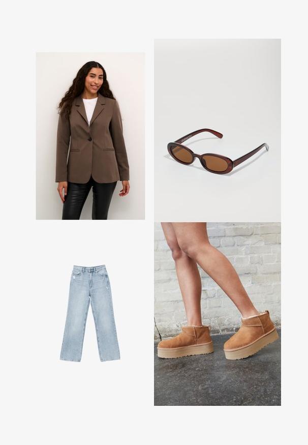 Smeđi sako s jednim crnim dugmetom, reverima i dva prednja džepa, u kombinaciji s crnim hlačama od umjetne kože.; Bijela majica kratkih rukava od pamuka. Ima okrugli izrez i opušteni kroj. Glatka tekstura bez vidljivih uzoraka ili naglasaka.; Svijetlo plave traperice širokog kroja, s istrošenim detaljima, dizajnom s pet džepova i zatvaranjem na munju.; Smeđi antilop čizmi do gležnja s mekanim postavljanjem, debljim bež platformski potplat i stražnjim povlačnim trakama. Teksturirana površina s vidljivim šavovima.; Okvir okruglih, smeđkastih sunčanih naočala s sjajnim burgundskim okvirom. Uski nositelji s suptilnim brendiranjem. Ravna leća.