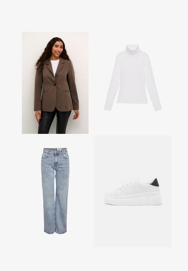 Blazer ajusté marron avec un bouton noir unique, revers à cran et deux poches avant, associé à un pantalon en simili cuir noir.; Haut à col roulé à manches longues blanc, fabriqué en tissu lisse et extensible. Il présente un col haut et une coupe ajustée, sans motifs ni embellissements visibles.; Jeans larges bleu clair en denim, dotés d'une taille haute, d'un design à cinq poches et d'un léger dégradé pour un aspect usé.; Baskets plates blanches en matériau synthétique lisse, avec un bout arrondi, un design à lacets et une semelle en caoutchouc texturé. Accent de talon noir.