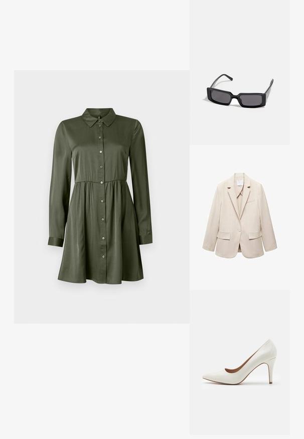 Beige gestreifter Blazer mit Reverskragen, einem Knopfverschluss, zwei Fronttaschen und einer Brusttasche. Strukturiertes Material.; Langärmliges, olivgrünes Hemdkleid mit tailliertem Schnitt und Kragen, leicht ausgestelltem Rock und geknöpften Ärmeln.; Weiße Lackleder-Pumps mit spitzer Zehenform und glatter Oberfläche, ausgestattet mit einem schmalen Absatz und einem niedrigen Schnitt um die Öffnung.; Schwarze Sonnenbrille mit rechteckigem Rahmen, dunklen Gläsern und glatter, glänzender Oberfläche. Verfügt über dünne Bügel mit dezentem Branding an der Seite.; Michael Kors Clutch in beige beschichtetem Canvas mit einem wiederholten MK-Logo-Muster, goldfarbener hardware und einem abnehmbaren Kettenriemen.; Goldfarbene metallische Ohrringe mit einem wellenförmigen Design; glatte, reflektierende Oberfläche; asymmetrische Form; keine sichtbaren Muster oder Hardware.