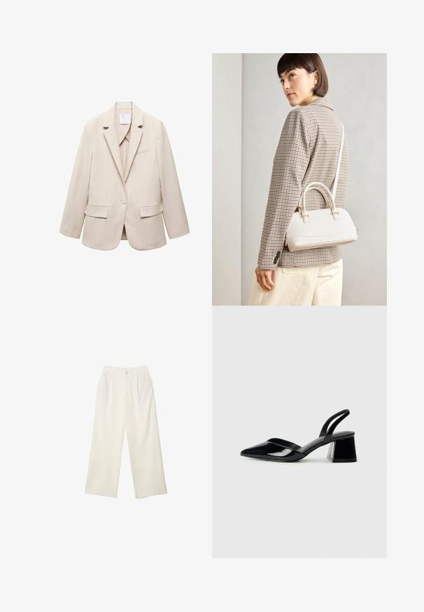 Blazer beige a righe con rever a punta, chiusura a un bottone, due tasche frontali e una tasca sul petto. Tessuto strutturato.; T-shirt bianco a maniche corte e girocollo, realizzato in cotone morbido, con un design semplice e pulito, privo di motivi o dettagli visibili.; Pantaloni a gamba larga in tessuto crema con una texture liscia, caratterizzati da un singolo bottone frontale, pieghe sottili e un design a vita alta.; Décolleté in vernice nera con punta affusolata e tacco in geometria cubica. Presentano un design elegante e minimalista, con una texture liscia.; Borsa a mano bianca strutturata con manici corti e tracolla, dotata di dettagli in metallo dorato e materiale testurizzato, esposta su uno sfondo grigio.