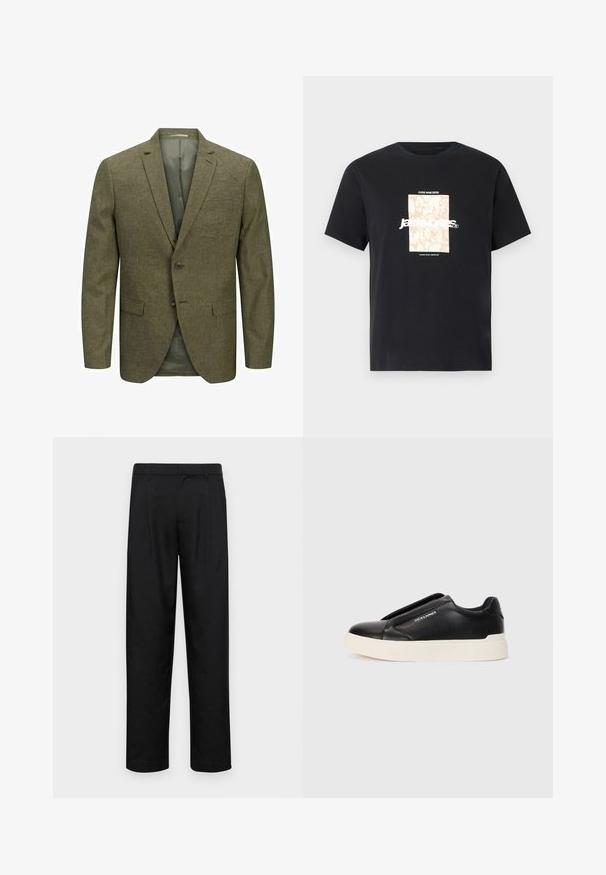 Alyvinėlės žalios spalvos vyriškas švarkas, pagamintas iš tekstūruotos medžiagos, su įpjovimu ant apykaklės, dviem mygtukais ir priekinėmis kišenėmis. Matoma pamušalo dalis.; Juodas medvilninis marškinėliai su apvaliu kaklu. Ant priekinės pusės yra smėlio spalvos stačiakampis grafikas ir baltas tekstas "JAWO", centrinėje dalyje. Trumpi rankoviai.; Juodi kelnių modeliai, pagaminti iš lygios medžiagos, turi tiesią kojas, du priekiniai klostės ir standartinę juosmenį su diržo kilpomis.; Juodi slip-on sportbačiai su tekstūruota odos viršutine dalimi, balta gumine padai ir be matomų raištelių. Šone yra prekės ženklo logotipas.