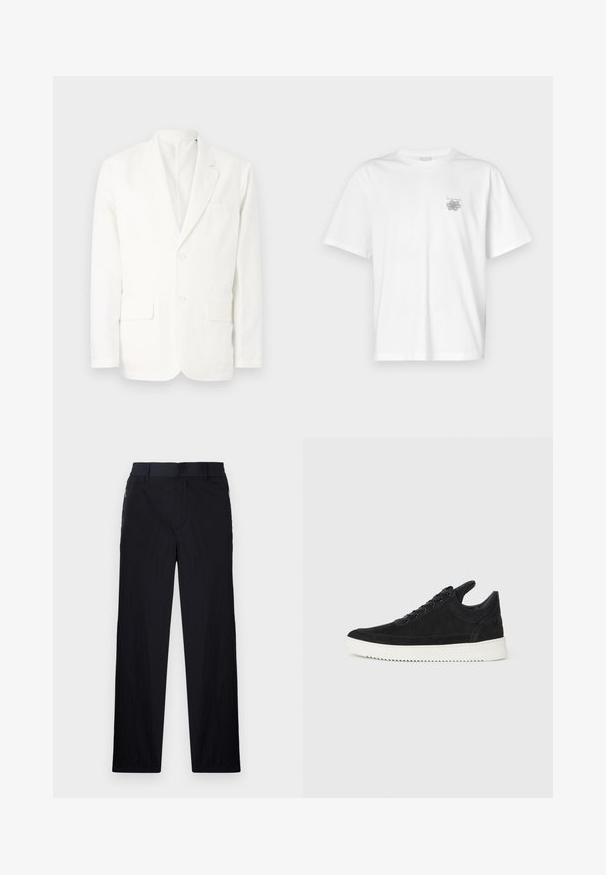 Blazer alb din bumbac, cu rever clasic, două buzunare frontale, două butoane și un buzunar pe piept. Design simplu și curat, cu o croială ajustată.; Tricou alb din bumbac, cu mâneci scurte, guler rotund și un mic logo gri în zona stângă a pieptului. Textură netedă.; Pantaloni negri dintr-un material ușor, texturat, cu croială drept pentru picioare, talie elastică și buzunare laterale cu fermoar.; Sneakers negre din suede cu o talpă din cauciuc albă, prezentând cusături tonale și un design cu șireturi. Textură netedă cu o formă modernă și aerodinamică.