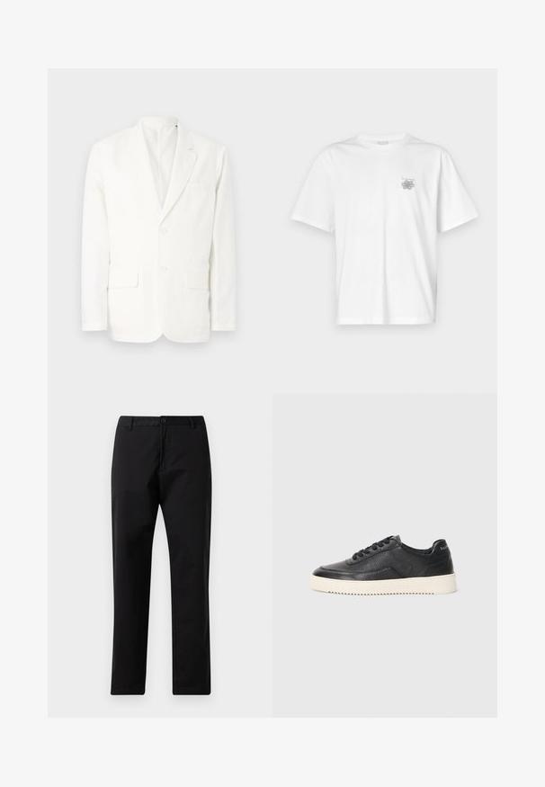 Λευκό βαμβακερό σακάκι με πέτο, δύο μπροστά τσέπες, δύο κουμπιά και μία τσέπη στο στήθος. Απλός, καθαρός σχεδιασμός με κομψή γραμμή.; Λευκό μπλουζάκι από βαμβάκι με κοντά μανίκια, στρογγυλή λαιμόκοψη και μικρό γκρίζο λογότυπο στην αριστερή περιοχή του στήθους. Λείο υφασμά.; Μαύρο παντελόνι ίσιας γραμμής με κλείσιμο από κουμπί και φερμουάρ, θηλιές ζώνης και εμπρός τσέπες, σε λευκό φόντο.; Μαύρο δερμάτινο sneaker με υφή, στρογγυλή μύτη και επίπεδη λευκή καουτσούκ σόλα. Διαθέτει μαύρες δέσιμο και λογότυπο στη φτέρνα.