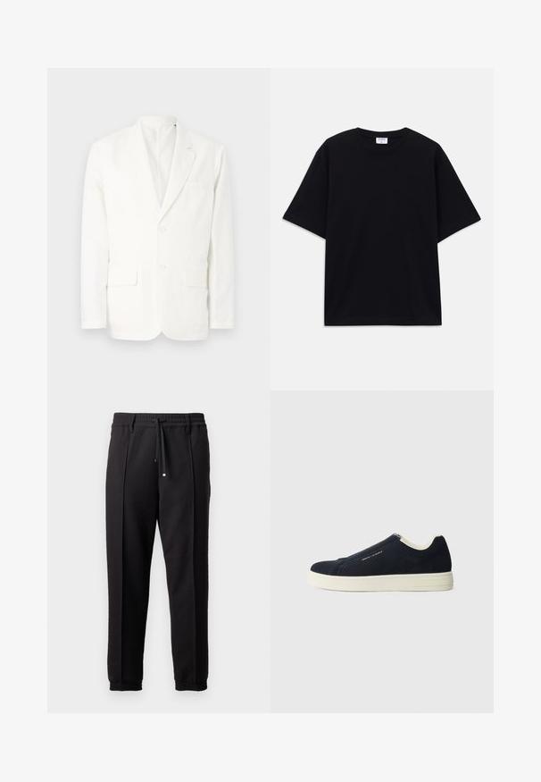 Hvit bomullsblazer med noterte reverser, to frontlommer, to knapper og en enkelt brystlomme. Enkel, ren design med en tilpasset passform.; Svart oversized t-skjorte med kort erm og rund hals, med synlig Filippa K-merkelapp inne i kragen.; Sorte bukser med liv, snor og elastiske mansjetter. Har plisséer og et glatt, teksturert stoff.; Marinblå mockaskinn slip-on sneakers med en hvit gummisåle, med en sydd design og subtil merkevare på siden.