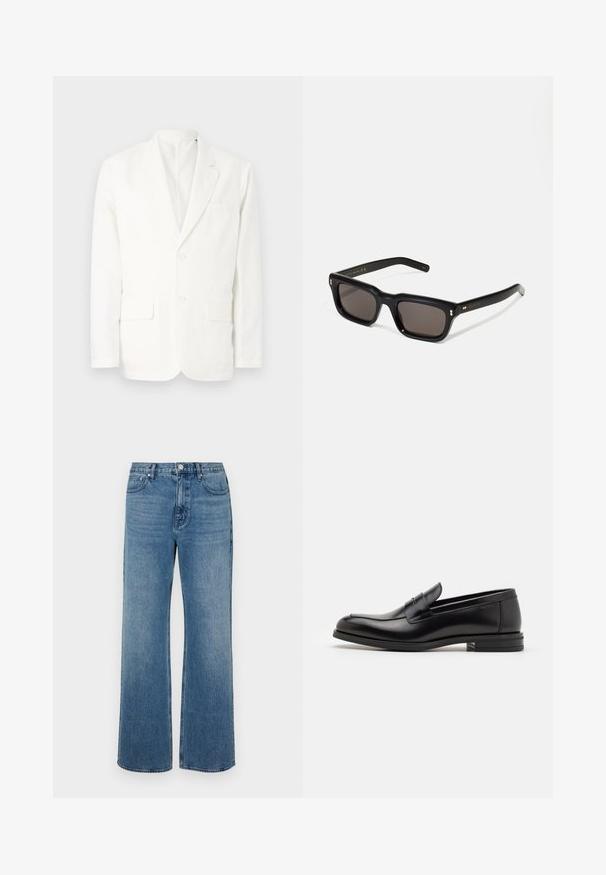 Valkoinen puuvillapukukangas, jossa on viistetyt läpät, kaksi etutaskua, kaksi nappia ja yksi rintatasku. Yksinkertainen, siisti muotoilu ja räätälöity istuvuus.; Lyhythihainen musta t-paita puuvillasta, jossa on pyöreä kaula-aukko ja rento mitoitus. Sileä pinta, jossa on vain vähän ommel yksityiskohtia.; Levelederg blå jeans laget av denim med en falmet finish. Har fem lommer, glidelås foran og rett snitt.; Mustat nahkakengät, joissa on sileä pinta, pyöreä kärki ja koristeellinen nauha jalkapöydän yli. Matala pinoitu koroke, minimalistinen muotoilu.; Mustat suorakulmaiset aurinkolasit tummilla linsseillä, paksu muovikehys, kultaiset korostukset temppeleissä ja brändin logo kaiverrettuna varteen.; Mustat kangaskassit mustilla nahkahandleilla. Yksinkertainen muotoilu, tilava runko ja sileä pinta. Ei näkyviä logoja tai kuvioita.