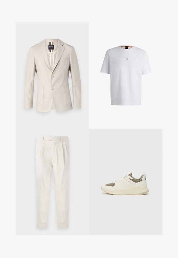 Blazer de un bej deschis, realizat dintr-un material țesut. Are un design cu un singur rând de nasturi, două buzunare în față și un guler cu decupaj. Stil minimalist.; Tricou alb din bumbac cu mâneci scurte, având un logo negru "BOSS" centrat pe piept și un guler rotund.; Pantaloni albi plisati, cu o croială ajustată, având o textură netedă, bucle pentru curea și picioare conice. Fără buzunare vizibile sau modele.; Tenis sportivi alb și bej deschis, cu un înveliș din plasă, detalii perforate și o talpă intermediară texturată, având marcaj pe călcâi.