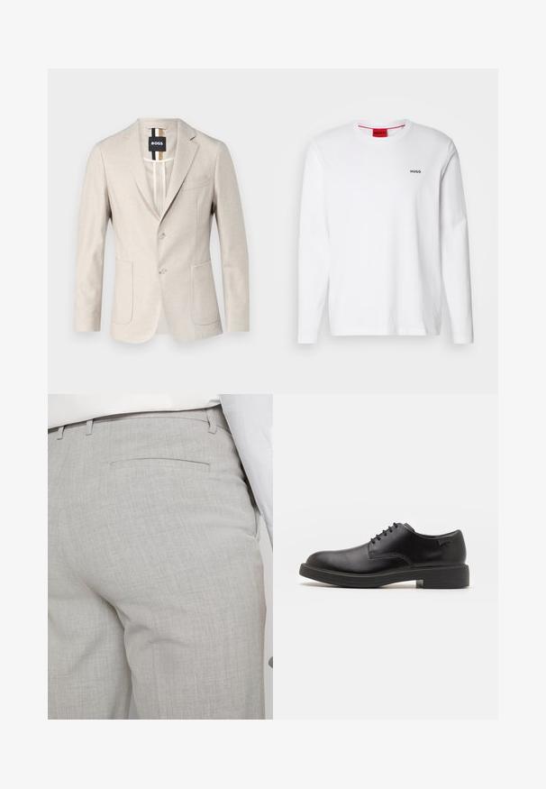 Light beige blazer made from a woven fabric. Features a single-breasted design, two front pockets, and a notched collar. Minimalistic style.; White long-sleeve shirt made of cotton, featuring a round neckline, black "HUGO" logo on the left chest, and a smooth texture.; Light gray tailored trousers made of textured fabric, featuring a single back pocket and clean stitching.; Black leather lace-up shoe with a rounded toe, smooth texture, minimal stitching, and a low rubber heel. Logo on the heel.