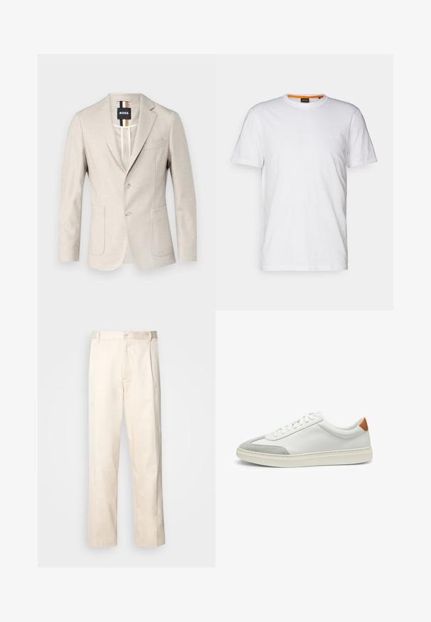 Light beige blazer made from a woven fabric. Features a single-breasted design, two front pockets, and a notched collar. Minimalistic style.; White cotton T-shirt with a crew neck, short sleeves, and a subtle embossed logo on the chest. Interior tag has an orange accent.; Beige cotton trousers with a straight-leg cut, featuring a button closure and pleats at the front for added detail.; White leather sneakers with gray suede accents and a tan leather heel tab. Features a textured surface and lightweight sole.