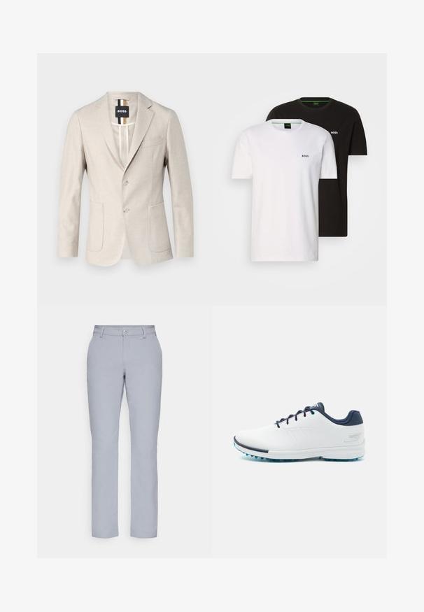 Lys beige blazer lavet af et vævet stof. Har et enkelt brystdesign, to forlommer og en klapkrave. Minimalistisk stil.; To store t-shirts i sort og hvid, med rund hals og et lille logo på brystet. Begge har korte ærmer og en lige pasform.; Lys grå bukser med lige snit, knaplukning, forlommer og et glat, struktureret stof. Minimalistisk design, uden mønstre.; Hvide sportssko med en glat syntetisk overdel, blå detaljer, tekstureret marineblå hæl og en letvægts, pigget sål for godt fodfæste.