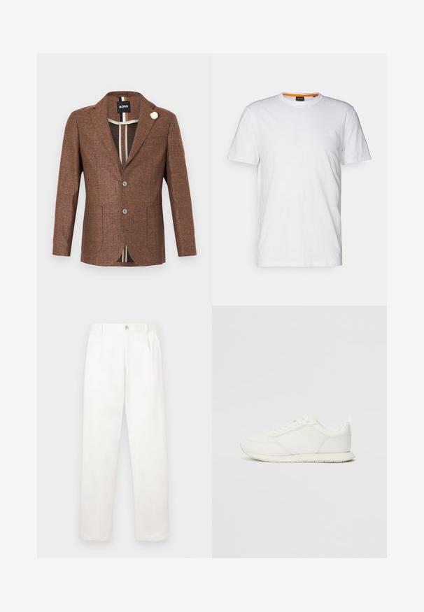 Rudas tekstūruotas bleizeris su įstrižu atlenkamu shawlu, dviem mygtukais ir priekinėmis kišenėmis; su balta gėlių akcentu ant lapelio.; Balta medvilnė marškinėliai su apvalia iškirpte, trumpomis rankovėmis ir subtiliu iškilniu logotipu ant krūtinės. Viduje esantis etiketas turi oranžinį akcentą.; Balti kelni, pagaminti iš lygaus audinio, turi tiesią kojos konstrukciją, priekinę klostę ir vieną mygtuką juosmens srityje.; Balti sportbačiai su tinkline ir sintetine viršutine dalimi, apvaliu nosiu, plokščiomis raištelėmis ir tekstūruota šonine juosta. Guma, kurios padas su vilkimo kilpute gale.