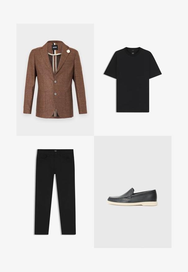 Brązowy żakiet o teksturowanej strukturze z klapami, dwiema guzikami i kieszeniami z przodu; zawiera biały akcent w postaci kwiatu na klapie.; Czarny t-shirt krótki rękaw wykonany z gładkiej mieszanki bawełny, z okrągłym dekoltem i minimalistycznym designem bez wzorów czy akcentów.; Czarne dżinsy o prostym kroju, z klasycznym paskiem, pięcioma kieszeniami i zapięciem na guzik. Gładka faktura na całej powierzchni.; Czarne skórzane slip-ony w stylu loafers z teksturowanym wykończeniem i kontrastującą beżową gumową podeszwą. Posiadają delikatny akcent wzdłuż przodu.