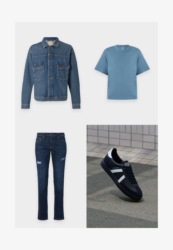 Blue denim jacket with button front, two buttoned chest pockets, and a classic collar on a plain background.; Blue short-sleeve t-shirt, made of cotton, with a crew neck and a relaxed fit. Smooth texture, minimalist design, no patterns or accents.; Dark blue denim jeans with a straight cut, featuring distressed rips at the knees, traditional pockets, and visible contrasting stitching.; Black leather sneaker with white stripes, textured rubber sole, and lace-up front. Features a branded label on the tongue.