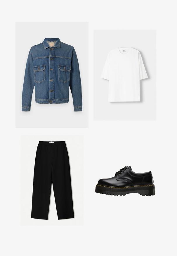 Kék farmerdzseki gombos elülső résszel, két gombos mellzsebbel és klasszikus gallérral, egyszerű háttér előtt.; Fehér, rövid ujjú pamut póló, kerek nyakkivágással és laza szabással. Simább textúra, látható minták vagy díszítések nélkül.; Fekete, bő szárú nadrág texturált anyagból, rugalmas derékkal és oldalsó zsebekkel. Egyszerű, minimál dizájn díszítések nélkül.; Fekete bőr fűzős cipő, vastag, fogazott fekete gumitalppal és sárga varrással a széleken, sima felülettel.