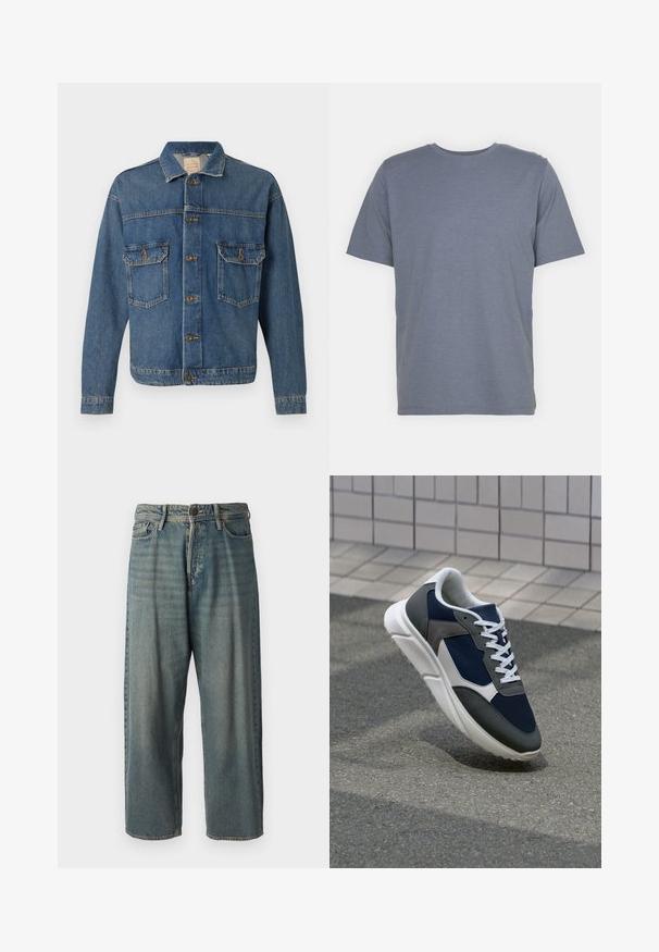Niebieska dżinsowa kurtka z zapięciem na guziki, dwoma kieszeniami na piersi z guzikami i klasycznym kołnierzykiem na jednolitym tle.; Szary t-shirt z krótkim rękawem i okrągłym dekoltem, wykonany z miękkiej bawełnianej mieszanki. Prosty design, bez wzorów ani akcentów.; Jasnoniebieskie dżinsy o luźnym kroju, średnim stanie i prostych nogawkach. Posiadają pięć kieszeni, szlufki na pasek oraz zapięcie na guzik.; Sneakers z granatową siateczkową cholewką, szarymi zamszowymi akcentami, białą gumową podeszwą i płaskimi białymi sznurówkami, zaprojektowane z myślą o komforcie i wentylacji.