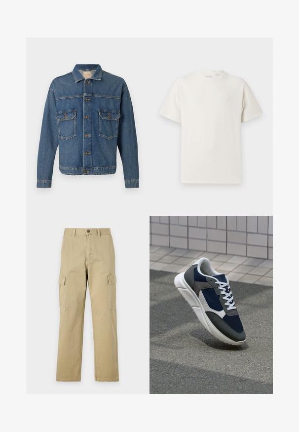 Μπλε τζάκετ τζιν με κουμπιά μπροστά, δύο τσέπες στο στήθος με κουμπιά και κλασικό γιακά σε απλό φόντο.; Λευκή κοντομάνικη μπλούζα με ριγωτή υφή. Στρογγυλή λαιμόκοψη, χαλαρή εφαρμογή, χωρίς ορατά σχέδια ή λεπτομέρειες. Απλός και ευέλικτος σχεδιασμός.; Μπεζ cargo παντελόνια φτιαγμένα από βαμβάκι, με δύο πλάγιες τσέπες, κουμπί κλεισίματος και ίσια πόδια με ελαφρώς υφαντό ύφασμα.; Αθλητικά παπούτσια με επάνω μέρος από ναυτικό μπλε διχτυωτό ύφασμα, γκρι σουέτ λεπτομέρειες, λευκή καουτσούκ σόλα και επίπεδα λευκά κορδόνια, σχεδιασμένα για άνεση και αερισμό.