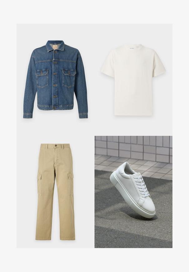 Blauwe denimjack met knopen aan de voorkant, twee met knopen afgewerkte borstzakken en een klassieke kraag op een effen achtergrond.; Witte korte mouwen T-shirt met ribbelstructuur. Ronde hals, ontspannen pasvorm, geen zichtbare patronen of accenten. Eenvoudig en veelzijdig ontwerp.; Beige cargobroek van katoen, met twee zijzakken, een knoopsluiting en rechte pijpen van een licht gestructureerde stof.; Witte leren sneaker met een glad oppervlak, ronde neus en platte witte veters. Voorzien van een gestructureerde rubberen zool en minimale ontwerpelementen.