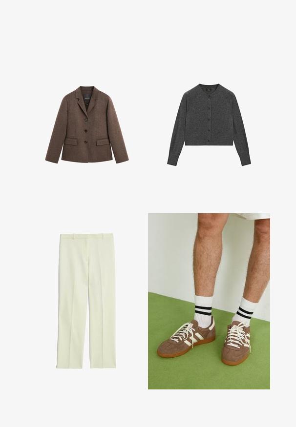 Brun uldblandings blazer med struktureret revers, tre sorte knapper, for- og baglommer samt lange ærmer, der har en skræddersyet, let tætsiddende silhuet.; Grå cropped cardigan lavet af blødt stof, med rund halsudskæring, lange ærmer og brune knapper foran.; Hvid ærmeløs tanktop med rund halsudskæring, lavet af ribbet materiale; enkel design uden mønstre eller udsmykninger.; Cremefarvede skræddersyede bukser med lige ben, der har en glat front, bæltestropper og en glat tekstur.; Brune ruskind sneakers med hvide detaljer og snørebånd. Gummisål i naturgummi. Båret med hvide sokker med sorte striber. Grøn struktureret gulv.