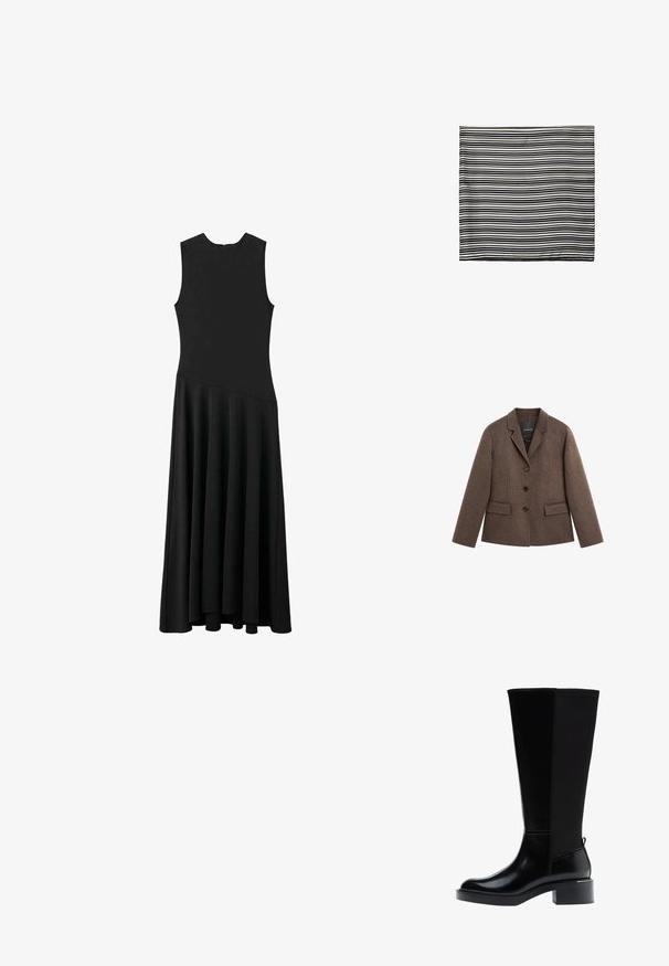 Blazer en mélange de laine marron avec un col structuré, trois boutons noirs, poches avant et longues manches, présentant une coupe cintrée et légèrement ajustée.; Robe maxi noire sans manches avec un corsage ajusté et une jupe évasée, arborant une texture lisse et un design minimaliste, sans fermetures visibles.; Botte noire montant jusqu'au genou avec une finition en cuir lisse, des coutures prononcées, un talon épais et un panneau arrière texturé pour un intérêt visuel accru.; Écharpe rayée noir et blanc, en tissu léger. Forme rectangulaire avec des rayures alternées de largeurs variées. Texture douce.; Sac à main en cuir noir au design structuré, avec une poignée supérieure et un détail de fermoir en métal doré à l'avant. Texture lisse, couture minimale.