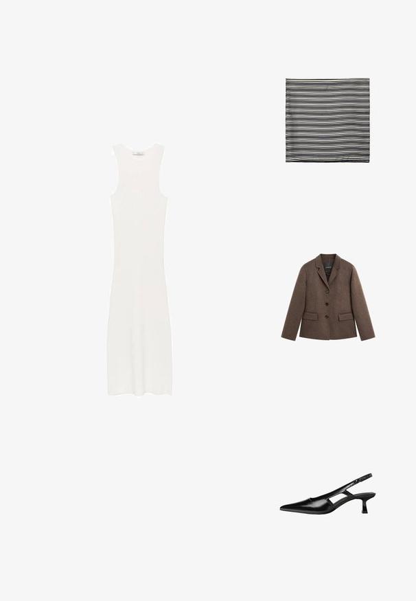 Brown wool blend blazer with structured lapel, three black buttons, front pockets, and long sleeves, featuring a tailored, slightly fitted shape.; White, sleeveless, ribbed knit dress with a fitted silhouette, reaching below the knees. Simple and minimalist design, without patterns or hardware.; Black patent leather slingback heels with a pointed toe, cut-out side design, and a small square heel. Smooth texture with minimal accents.; Black and white striped scarf, made of lightweight fabric. Rectangular shape with even, alternating stripes of varying widths. Soft texture.; Black leather handbag with a structured design, top handle, and a gold metal clasp detail on the front. Smooth texture, minimal stitching.