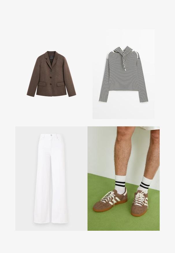 Brown wool blend blazer with structured lapel, three black buttons, front pockets, and long sleeves, featuring a tailored, slightly fitted shape.; Massimo Dutti STRIPED WITH REMOVABLE BANDANA - Jumper - beige; White wide-leg jeans made of denim, featuring a high waist, front button closure, and four pockets. Smooth texture with no visible patterns.; Brown suede sneakers with white accents and laces. Rubber gum sole. Worn with white socks featuring black stripes. Green textured flooring.