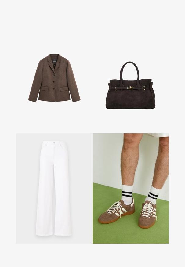 Blazer en mélange de laine marron avec un col structuré, trois boutons noirs, poches avant et longues manches, présentant une coupe cintrée et légèrement ajustée.; Massimo Dutti STRIPED WITH REMOVABLE BANDANA - Pullover - beige; Jean large blanc en denim, avec une taille haute, fermeture à bouton frontal et quatre poches. Texture lisse sans motifs visibles.; Baskets en daim marron avec des accents et des lacets blancs. Semelle en caoutchouc gomme. Portées avec des chaussettes blanches à rayures noires. Sol texturé vert.; ESTRO DUŻA - Sac à main - dark brown