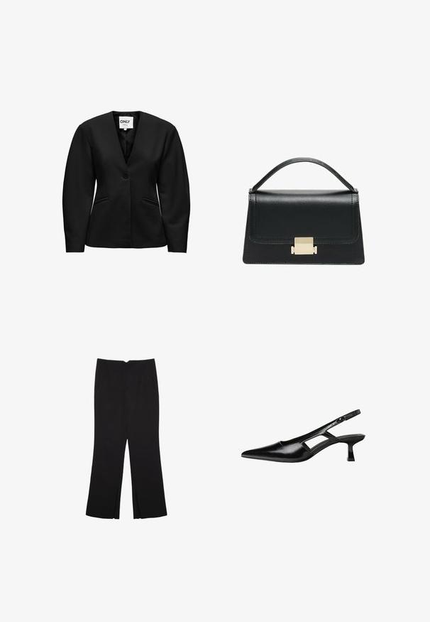 Black blazer with a v-neckline, single button closure, two front pockets, and structured shoulders, made from smooth fabric.; Black long-sleeve cropped top with round neckline, plain design, and a slightly curved hem.; Black trousers with a straight fit, featuring front pockets and side slits at the hem. Made of soft, smooth fabric. Suitable for various occasions.; Black patent leather slingback heels with a pointed toe, cut-out side design, and a small square heel. Smooth texture with minimal accents.; Black leather handbag with a structured design, top handle, and a gold metal clasp detail on the front. Smooth texture, minimal stitching.