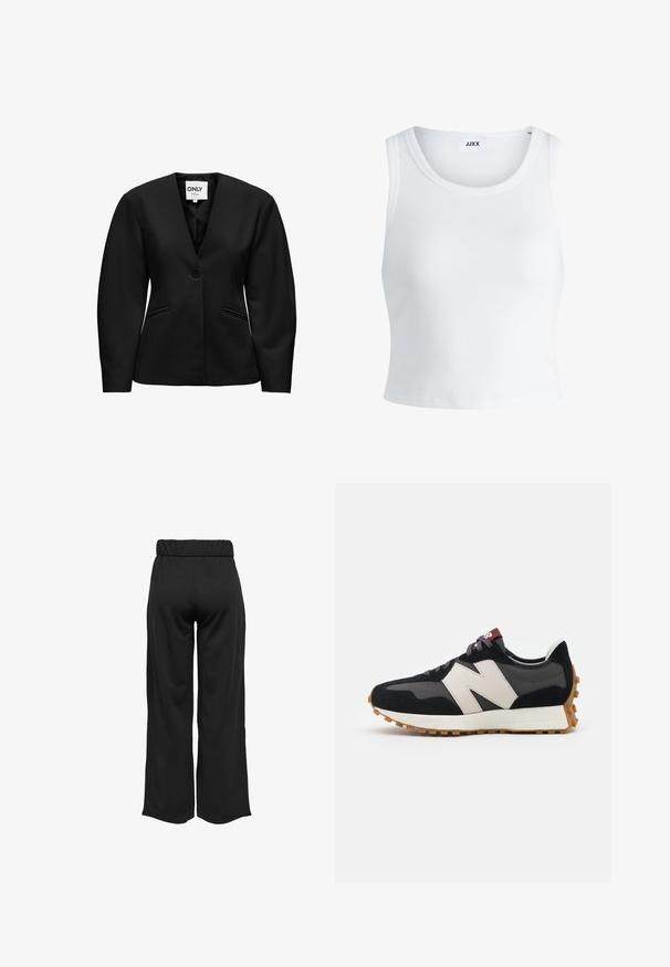 Black blazer with a v-neckline, single button closure, two front pockets, and structured shoulders, made from smooth fabric.; White ribbed tank top featuring a round neckline, sleeveless design, and a cropped length. Label reads "JJXX." Smooth fabric texture.; Black, wide-leg pants with an elastic waistband, made from smooth fabric. Features a clean design with no pockets or visible stitching details.; Black and gray suede sneaker with a large cream-colored "N" logo, purple laces, and a textured gum rubber outsole.