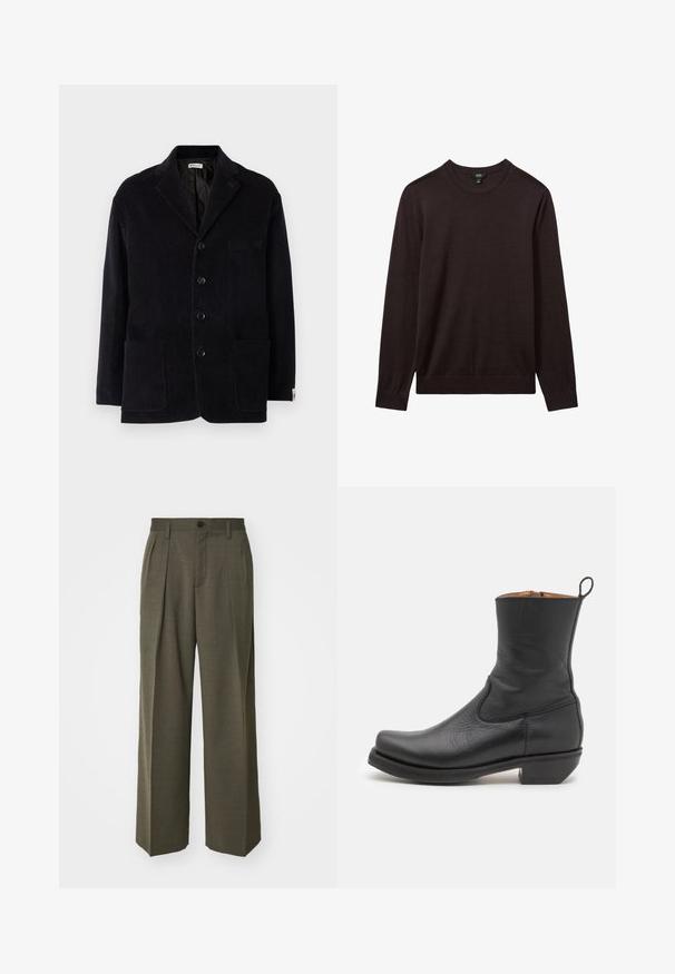 Giacca in velluto a coste nera con colletto a intaglio, quattro bottoni frontali, due tasche grandi e una tasca sul petto aggiuntiva. Tessuto morbido, vestibilità sartoriale.; Reiss Maglione - dark bordeaux; Filippa K WIDE TROUSERS - Pantaloni - driftwood; Stivale alla caviglia in pelle nera con una texture liscia, profilo snello, cuciture laterali e un tacco quadrato basso. Presenta un pratico lacciolo sul retro.