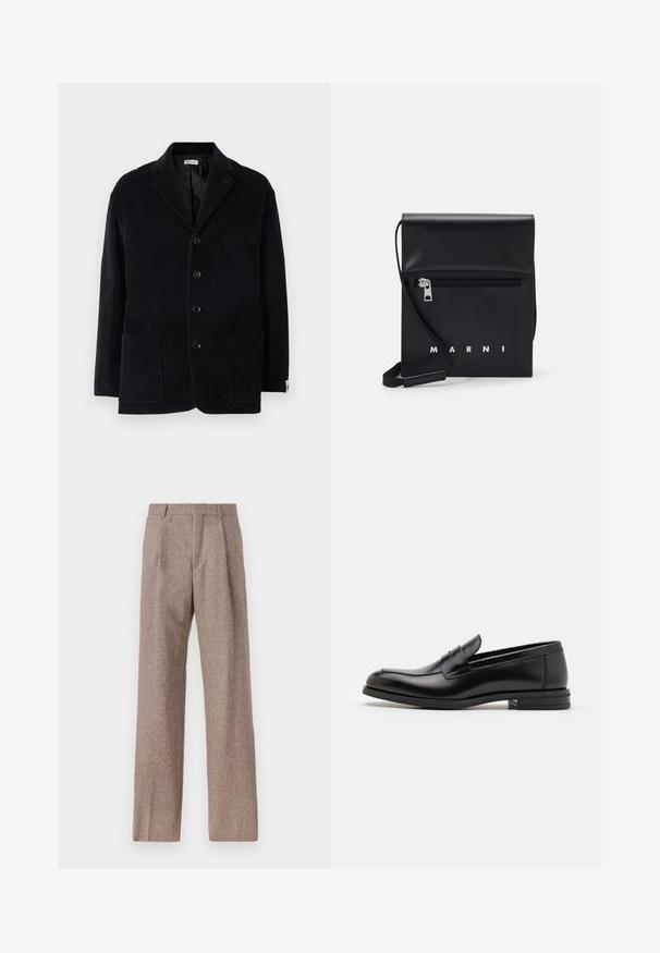 Schwarze Cordjacke mit Reverskragen, vier vorderen Knöpfen, zwei großen Taschen und einer zusätzlichen Brusttasche. Weicher Stoff, taillierte Passform.; Weißes Langarm-Hemd mit Knöpfen aus Baumwolle, ausgestattet mit einer Brusttasche mit tonalem Stickerei, einem Kragen und Knopfmanschetten.; Braune, hochtaillierte Hose aus strukturiertem Stoff. Mit weitem Bein und zwei vorderen Bügelfalten für zusätzliche Form. Saubere Verarbeitung ohne sichtbare Hardware.; Schwarze Lederloafers mit glatter Textur, rundem Zehenbereich und einem dekorativen Riemen über dem Vorderfuß. Niedriger, gestapelter Absatz, minimalistisches Design.; Schwarze Leder-Crossbody-Tasche mit einer Reißverschlusstasche vorne, geprägtem Logo und verstellbarem Tragegurt. Glatte Oberfläche mit strukturierter Form.