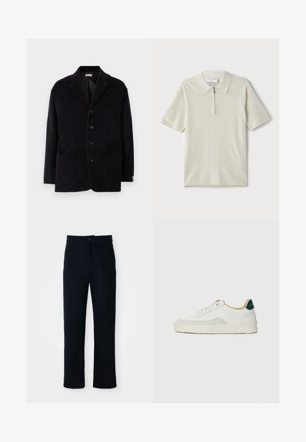 Černá kordurová bunda s vykrojeným límcem, čtyřmi předními knoflíky, dvěma velkými kapsami a jednou náprsní kapsou. Měkká textura, přiléhavý střih.; Pánská polo košile s krátkým rukávem v světlé béžové barvě, s límcem na zip. Vyrobena z hladkého materiálu, s jednoduchým, moderním designem bez vzorů.; Námorně modré kalhoty vyrobené ze 100 % bavlny, s rovnými nohavicemi, předním zapínáním na knoflík a klasickým pasem s poutky na pásek.; Bílé tenisky se semišovými prvky, kulatou špičkou, plochými tkaničkami a krémovou gumovou podrážkou. Na patě mají zelené logo.