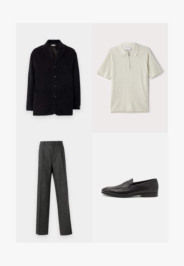 Giacca in velluto a coste nera con colletto a intaglio, quattro bottoni frontali, due tasche grandi e una tasca sul petto aggiuntiva. Tessuto morbido, vestibilità sartoriale.; Polo a maniche corte in beige chiaro con colletto zip. Realizzato in tessuto morbido, presenta un design semplice e moderno, privo di motivi.; Pantaloni grigi su misura realizzati in tessuto strutturato, con due pieghe frontali e un design a gamba dritta. Nessuna tasca o decorazione visibile.; Mocassino da uomo in pelle nera con tacco basso e design classico a striscia, mostrato in profilo laterale su sfondo bianco.
