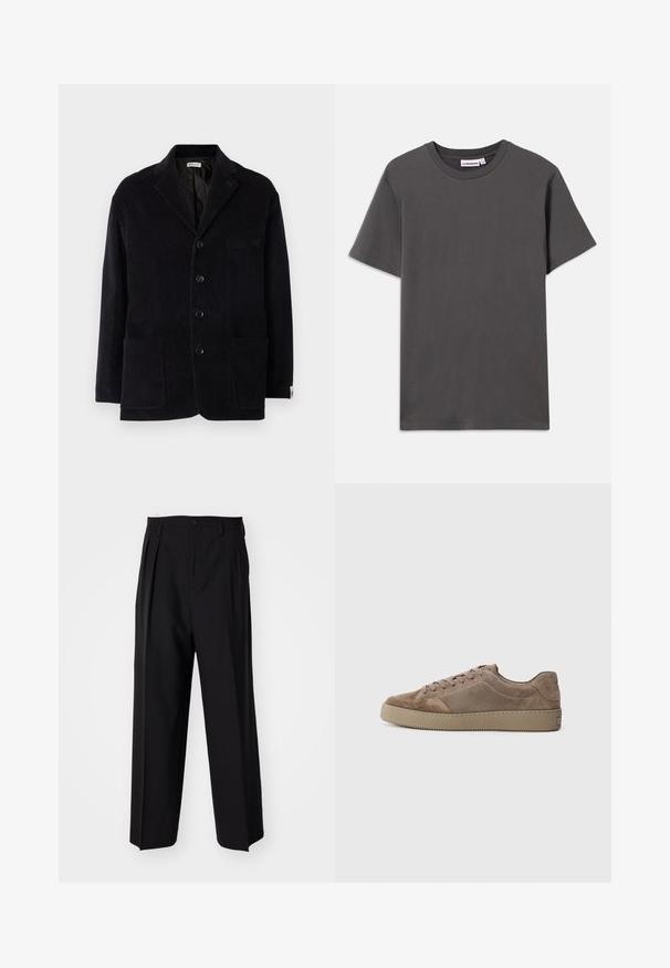 Μαύρο σακάκι από κωδρίνα με κομμένο γιακά, τέσσερα μπροστινά κουμπιά, δύο μεγάλες τσέπες και μία επιπλέον τσέπη στο στήθος. Μαλακή υφή, κομμένος σχεδιασμός.; Εντυπωσιακό κοντομάνικο μπλουζάκι σε σκούρο γκρι χρώμα με λαιμόκοψη crew και μικρή λευκή ετικέτα της μάρκας μέσα στον γιακά, σε λευκό φόντο.; Μαύροι πιέτες παντελόνια με ίσια, φαρδιά γραμμή. Κατασκευασμένα από λείο ύφασμα, με κλείσιμο με κουμπί και θηλιές για ζώνη.; Καφέ σουέντ χαμηλά αθλητικά παπούτσια με επίπεδη καουτσούκ σόλα, κλείσιμο με κορδόνια και λεπτομέρειες ραφής, απεικονισμένα από τη πλευρά σε απλό φόντο.