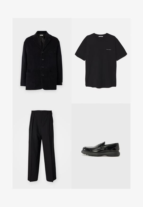 Giacca in velluto a coste nera con colletto a intaglio, quattro bottoni frontali, due tasche grandi e una tasca sul petto aggiuntiva. Tessuto morbido, vestibilità sartoriale.; T-shirt in cotone nero con collo rotondo, maniche corte e stampa bianca del logo sul lato sinistro del petto. Design semplice e monocromatico.; Pantaloni neri a pieghe con un design dritto e gamba larga. Realizzati in tessuto morbido, con chiusura a bottone e passanti per cintura.; Mocassino in pelle nera con finitura lucida, punta arrotondata, dettagli di cucitura sottili e suola in gomma spessa per una maggiore durata.