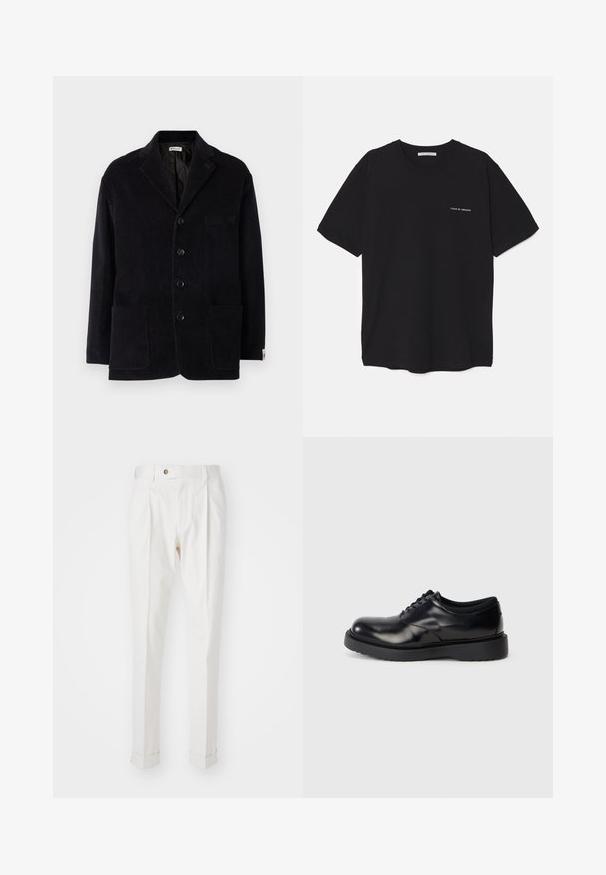 Schwarze Cordjacke mit Reverskragen, vier vorderen Knöpfen, zwei großen Taschen und einer zusätzlichen Brusttasche. Weicher Stoff, taillierte Passform.; Schwarzes Baumwoll-T-Shirt mit Rundhalsausschnitt, kurzen Ärmeln und weißem Logodruck auf der linken Brust. Einfaches, einfarbiges Design.; Weiße, maßgeschneiderte Hosen mit flachem Bund, zwei Falten und umgeschlagenen Säumen. Hergestellt aus einem glatten Stoff mit einem Knopfverschluss an der Taille.; Schwarze Leder-Schnürschuhe mit abgerundeter Zehenpartie, glatter Oberfläche und einer dicken Gummisohle mit dezenten Rillen für besseren Halt.