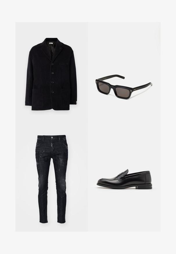 Schwarze Cordjacke mit Reverskragen, vier vorderen Knöpfen, zwei großen Taschen und einer zusätzlichen Brusttasche. Weicher Stoff, taillierte Passform.; Weißes Baumwoll-Top ohne Ärmel mit rundem Ausschnitt, ausgestattet mit einer glatten Textur und einer figurbetonten Form, ideal für die Freizeit.; Schwarze Denim-Jeans mit schlankem Schnitt, angedeuteter Textur, Farbspritzern und auffälligen Grafikdrucken auf der Vorderseite.; Schwarze Lederloafers mit glatter Textur, rundem Zehenbereich und einem dekorativen Riemen über dem Vorderfuß. Niedriger, gestapelter Absatz, minimalistisches Design.; Schwarze rechteckige Sonnenbrille mit dunklen Gläsern, dickem Kunststoffrahmen, goldenen Akzenten an den Bügeln und eingraviertem Markenlogo am Arm.