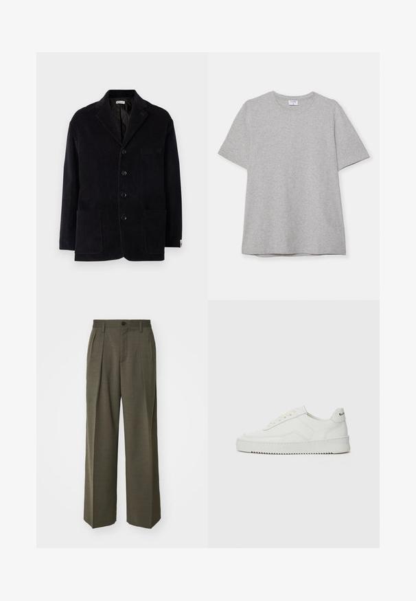 Juodas kordūrojaus švarkas su įpjautu apykakle, keturiomis priekinėmis mygtukais, dviem didelėmis kišenėmis ir papildoma krūtinės kišene. Minkšta tekstūra, pritaikyta forma.; Pilkas trumpas rankovėmis marškinėliai, pagaminti iš minkštos, tekstūruotos medžiagos. Turi klasikinį apvalų kaklą ir tiesų apatinį kraštą, tinkamą kasdieniam dėvėjimui.; Filippa K WIDE TROUSERS - Kelnės - driftwood; Balti odiniai sportiniai bateliai su lygia apdaila, apvaliu pirštu, plokščiais raišteliais ir tekstūruotu padu. Pasižymi subtiliu logotipu ant kulno.