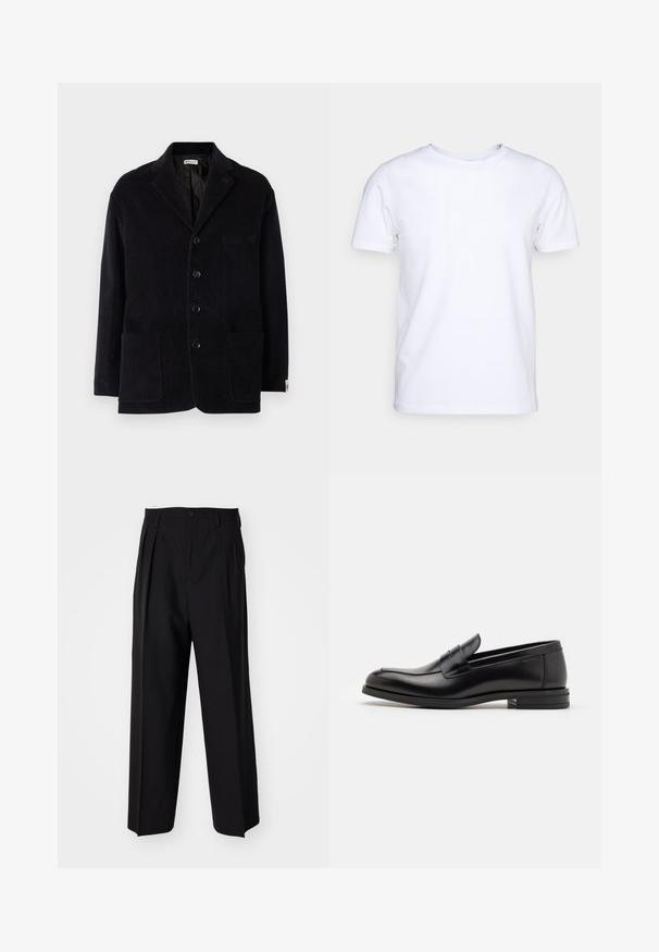 Schwarze Cordjacke mit Reverskragen, vier vorderen Knöpfen, zwei großen Taschen und einer zusätzlichen Brusttasche. Weicher Stoff, taillierte Passform.; Weißes T-Shirt mit kurzen Ärmeln aus Baumwollstoff und rundem Halsausschnitt. Schlichtes Design ohne Muster oder Akzente. Glatte Textur.; Schwarze, plissierte Hose mit geradem, weitem Bein. Hergestellt aus glattem Stoff, mit Knopfverschluss und Gürtelschlaufen.; Schwarze Lederloafers mit glatter Textur, rundem Zehenbereich und einem dekorativen Riemen über dem Vorderfuß. Niedriger, gestapelter Absatz, minimalistisches Design.